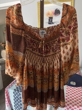 Boho Smocked Off-Shoulder Tunic in Brown & Cream